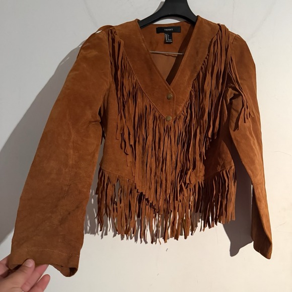 Forever 21 Jackets & Blazers - FOREVER 21 Fringe Pigskin Leather Suede Snap Cropped Brown Jacket Womens Small